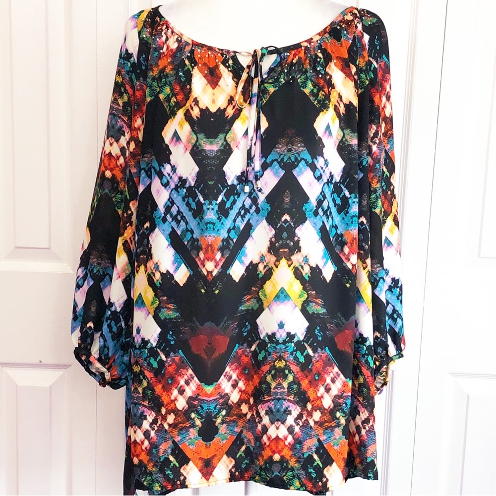 Notations 3X Colorful Boho Geo Print Studded 3/4 Sleeve Blouse Top